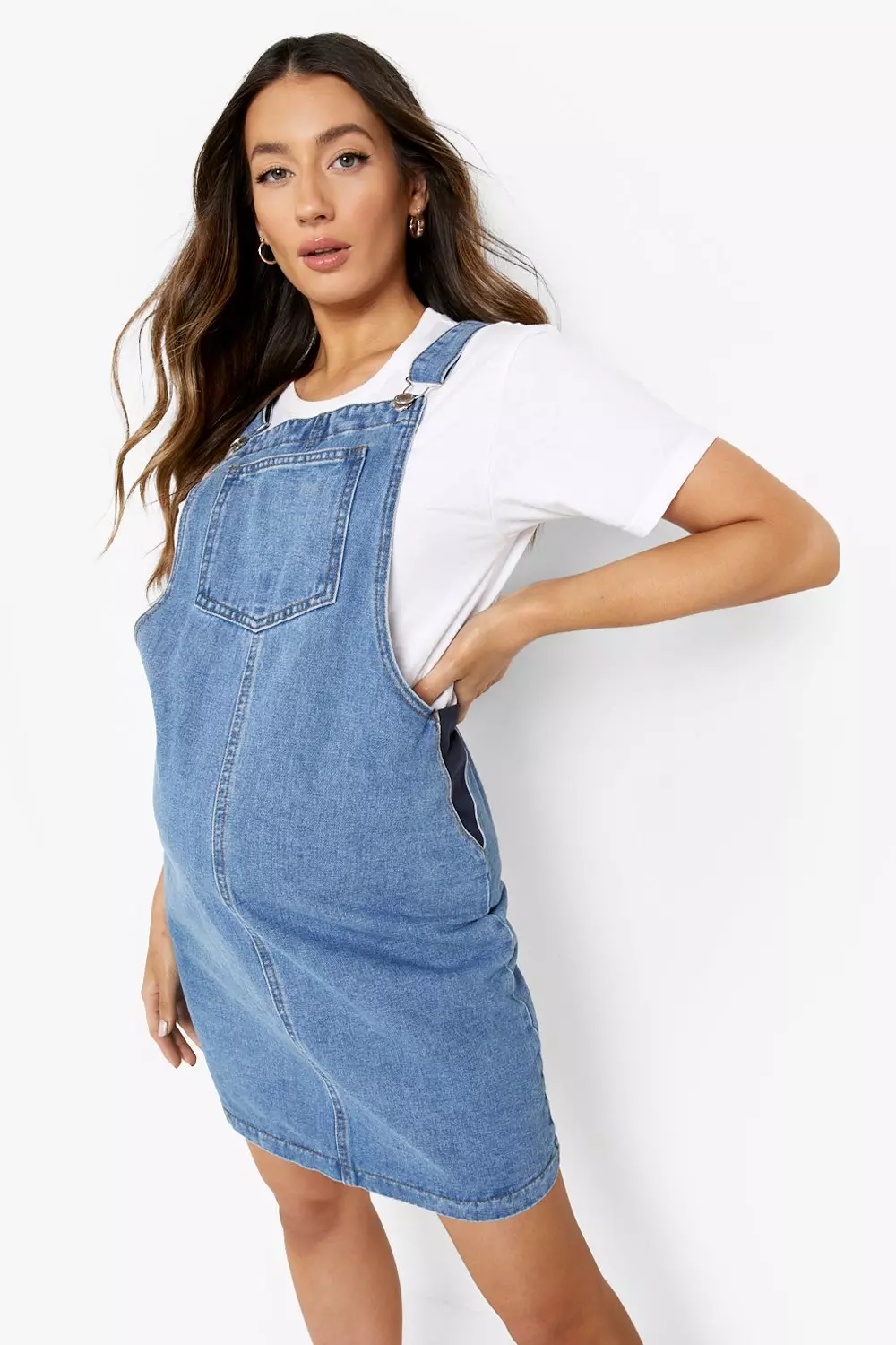 Denim maternity pinafore dress sale